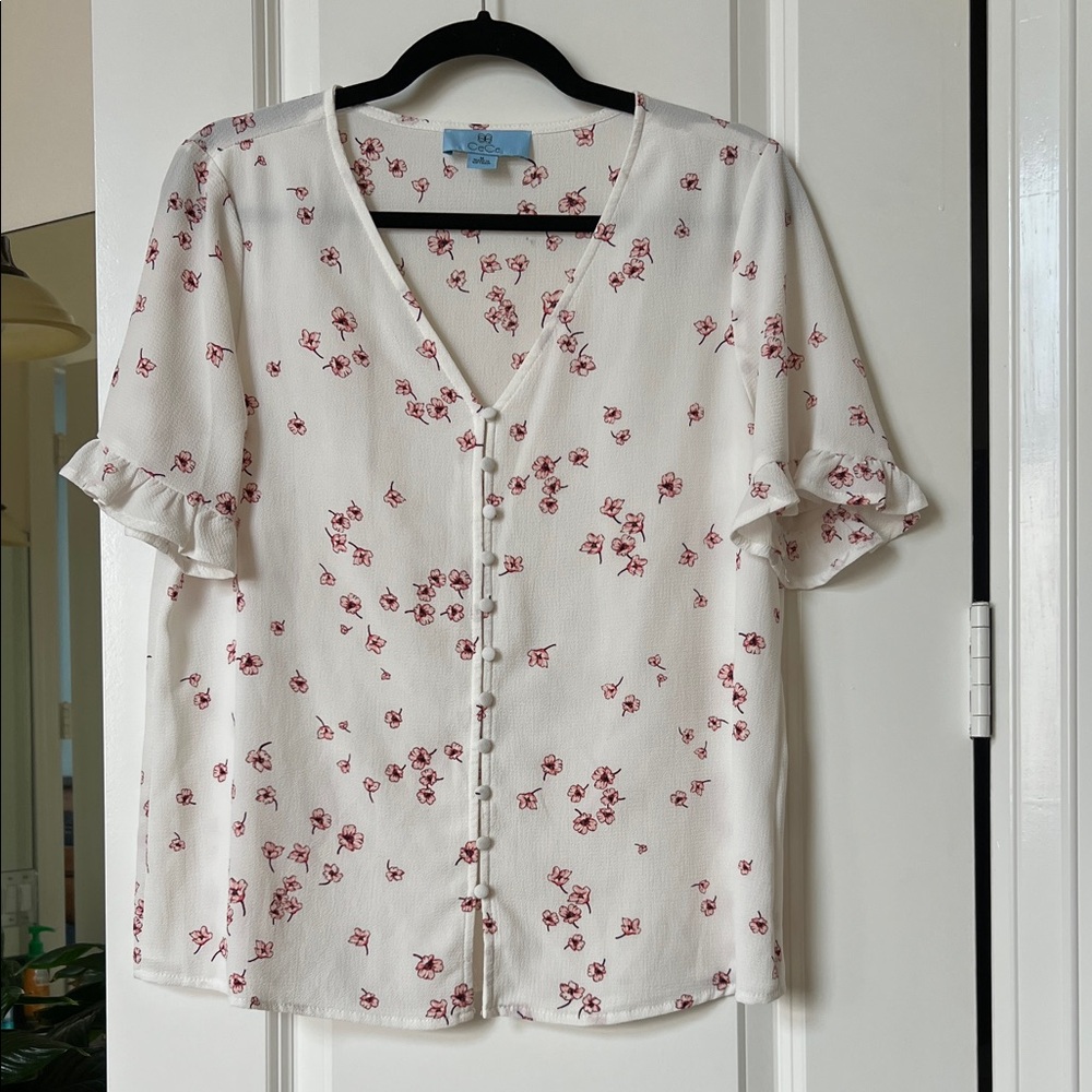 CeCe White Blouse with Red Floral Pattern
